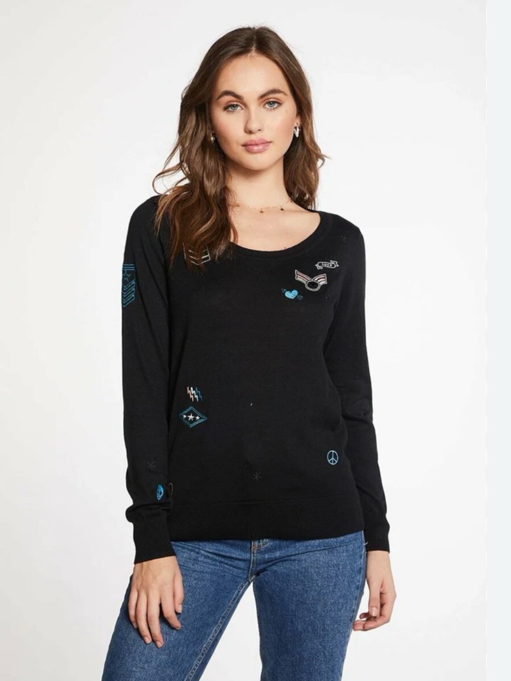 Chaser Cotton Cashmere Scoop Neck Sweater with embroidered badges